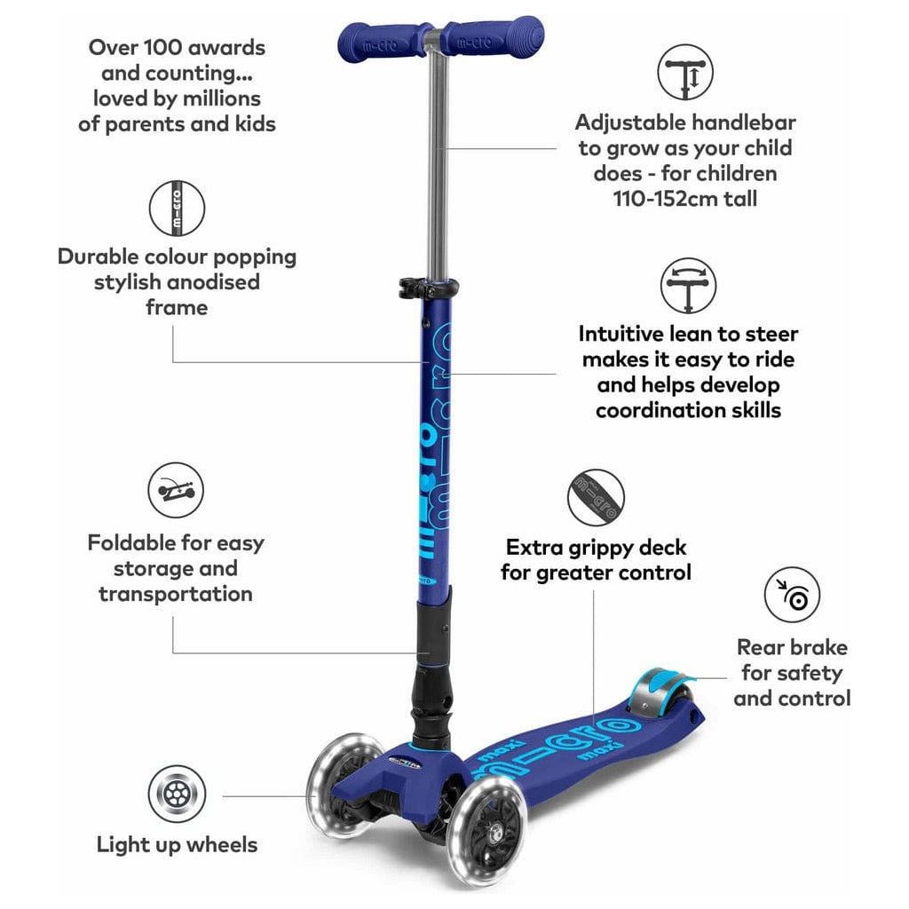 Micro Scooter Maxi LED Foldable - Navy Blue features diagram