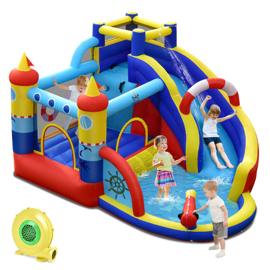 6-in-1 Inflatable Bouncy Castle With Water Park & Curved Slide