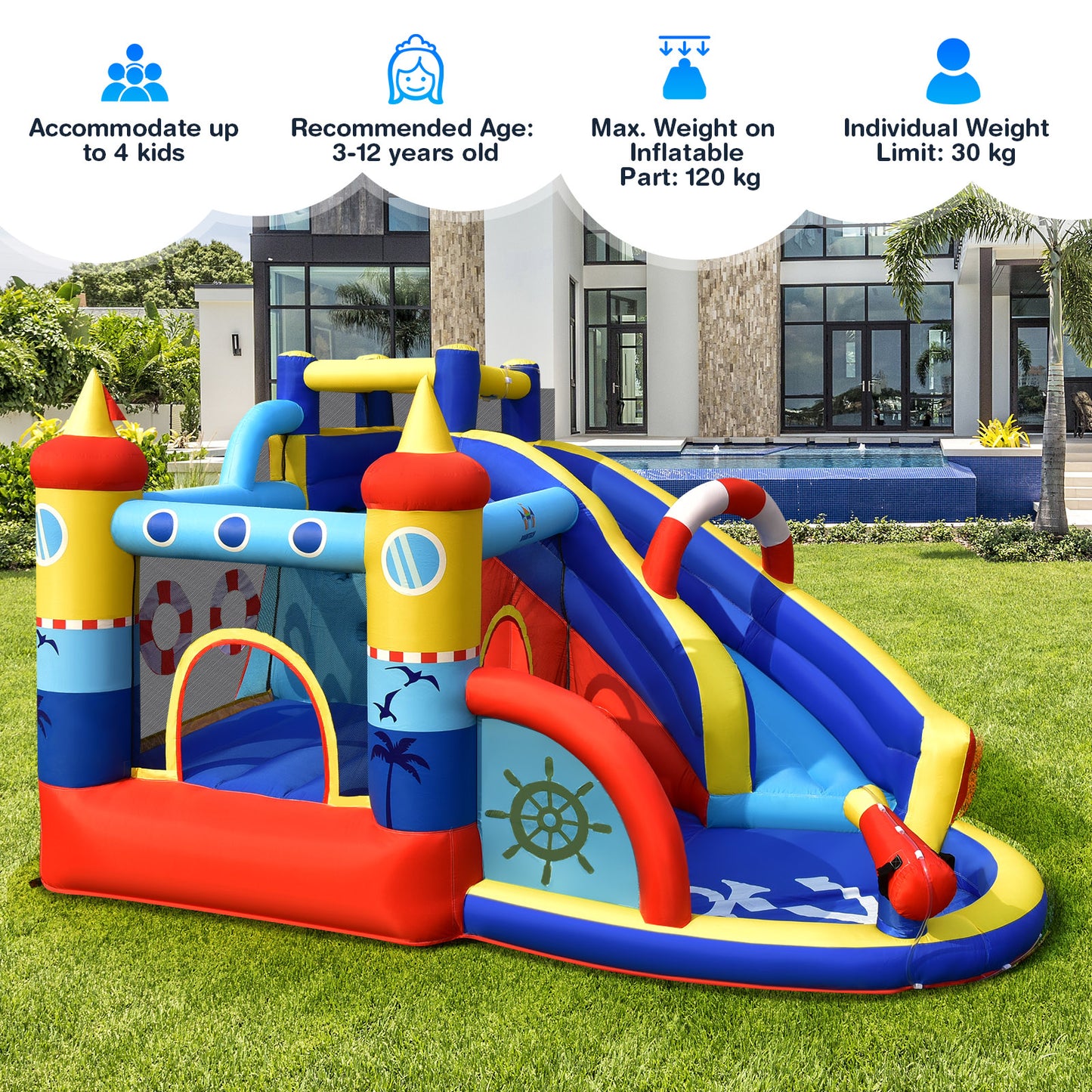 6-in-1 Inflatable Bouncy Castle With Water Park & Curved Slide