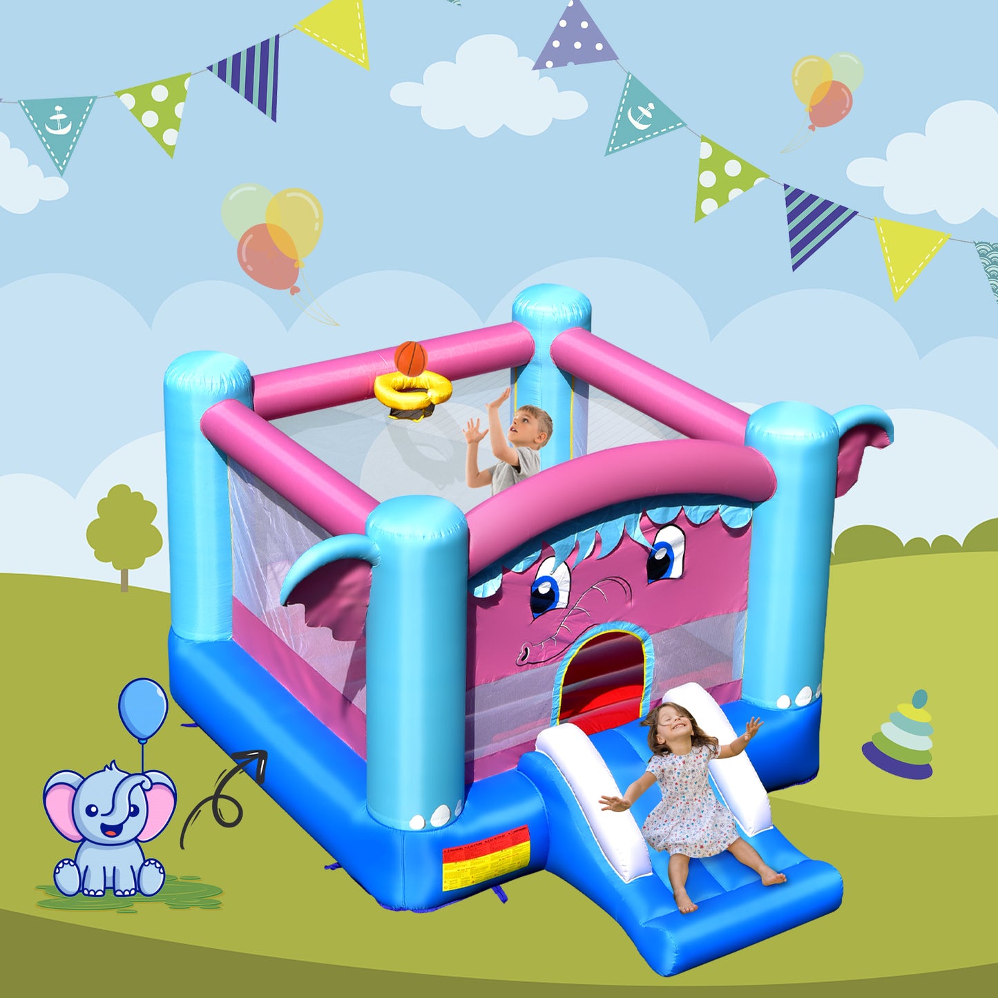 3-In-1 Inflatable Kids Bounce House with Slides and Basketball Rim (without Blower)