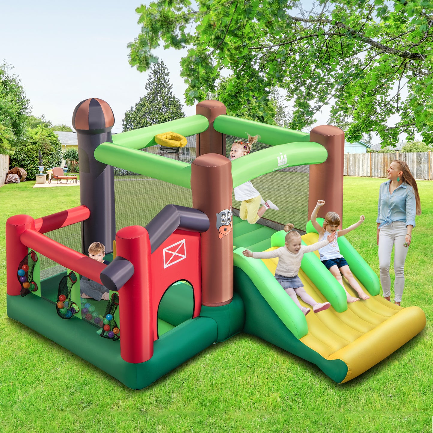 6-in-1 Inflatable Bouncy Castle with Double Slides and 680W Blower