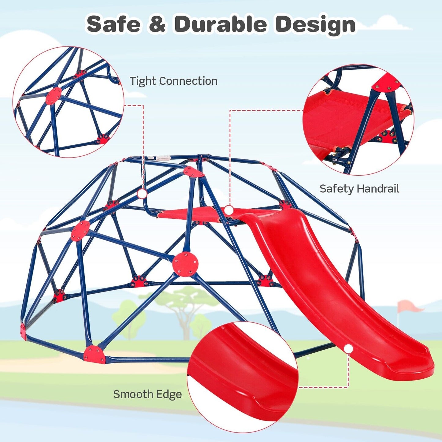 Geometric Dome Climber and Play Set with Slide for Outdoor-Red