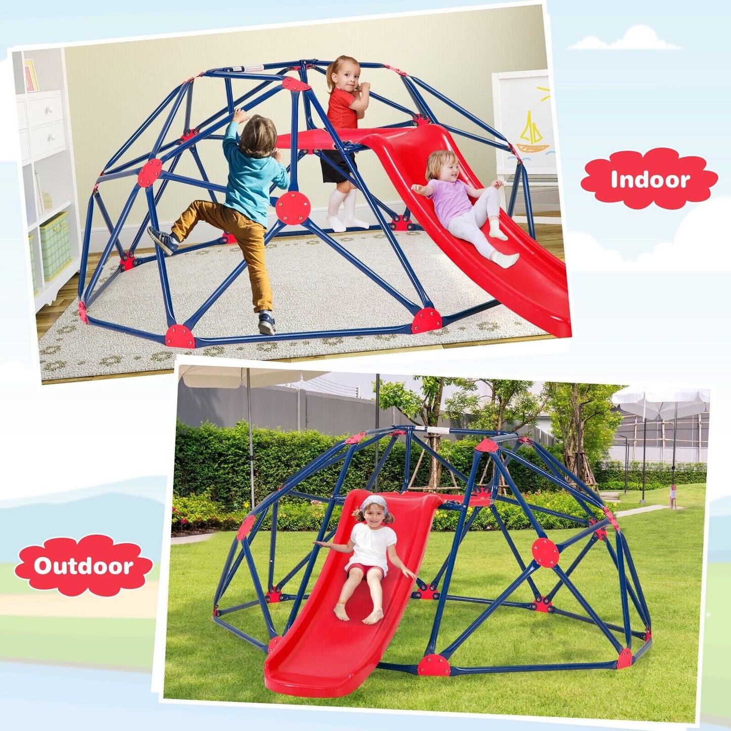 Geometric Dome Climber and Play Set with Slide for Outdoor-Red