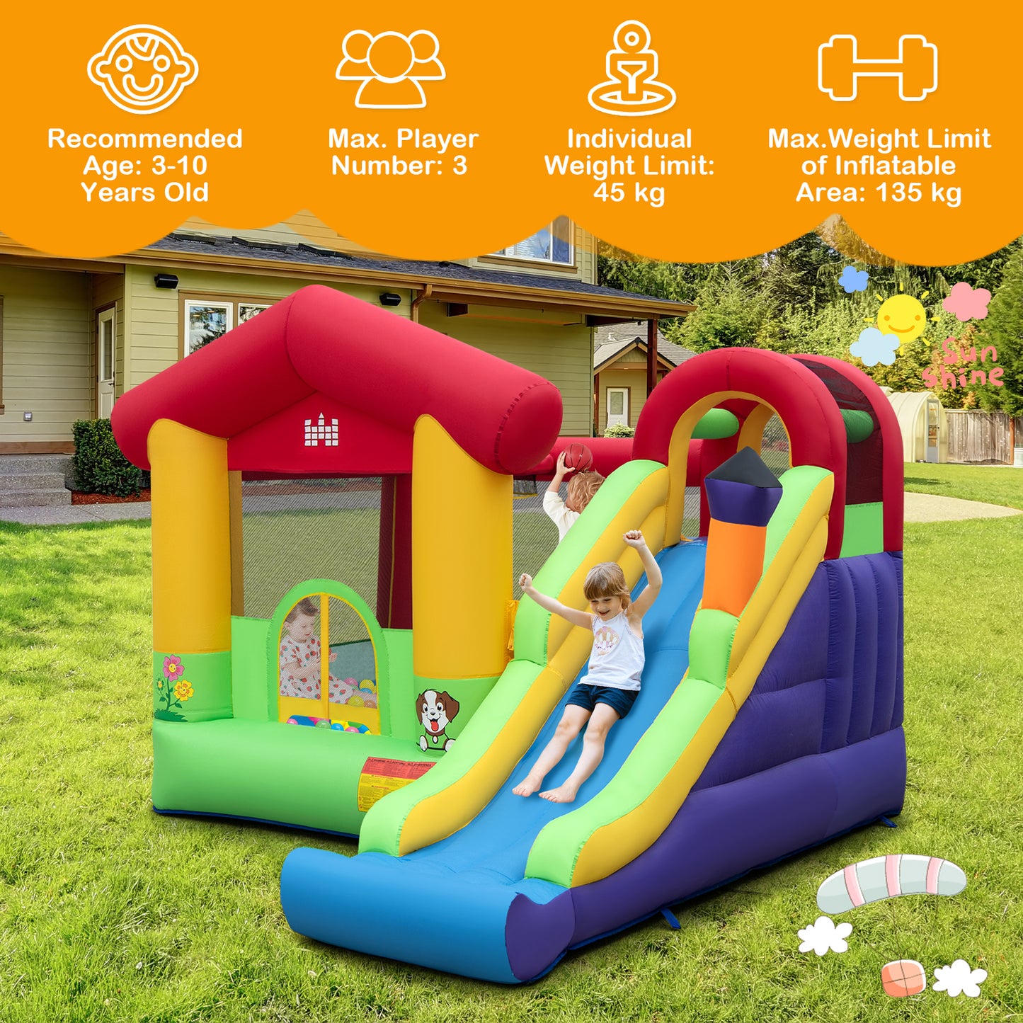 Kids Inflatable Bounce House with Long Slide and 680W Blower