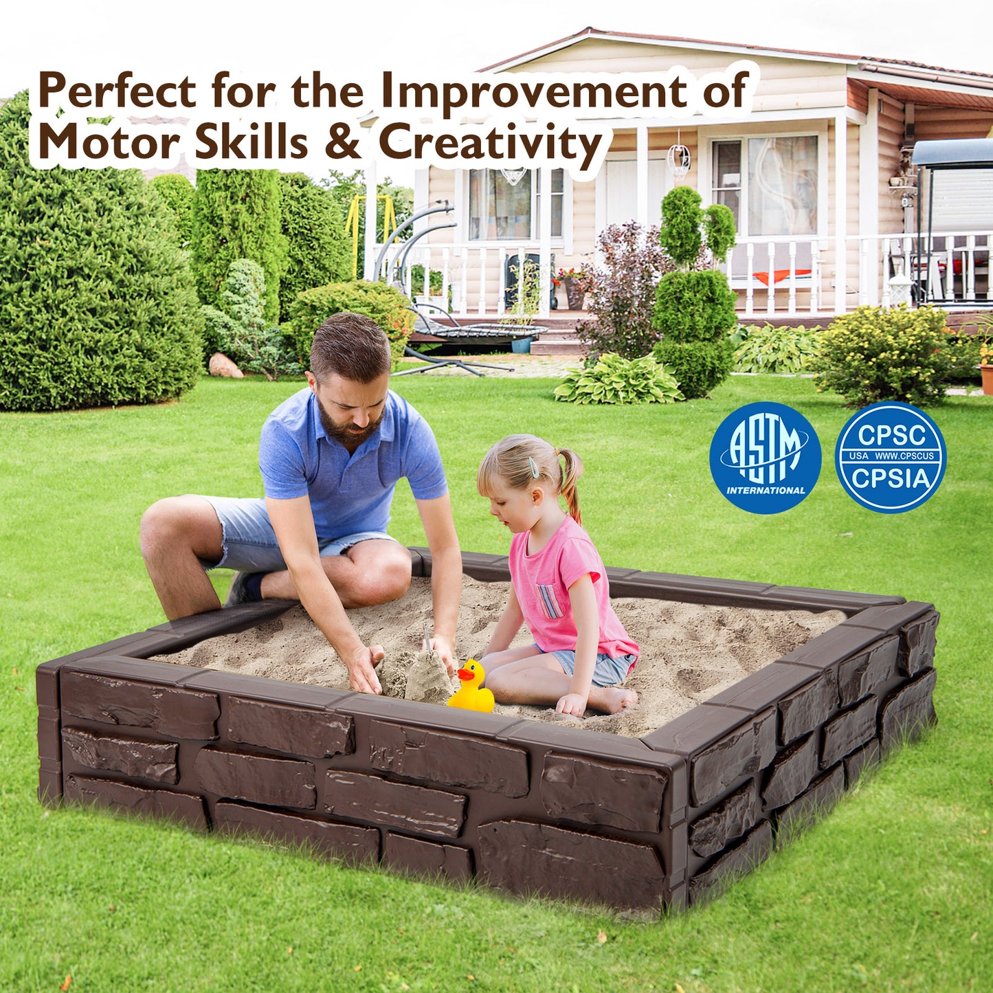 Sandbox with Cover and Bottom Liner for Backyard-Brown