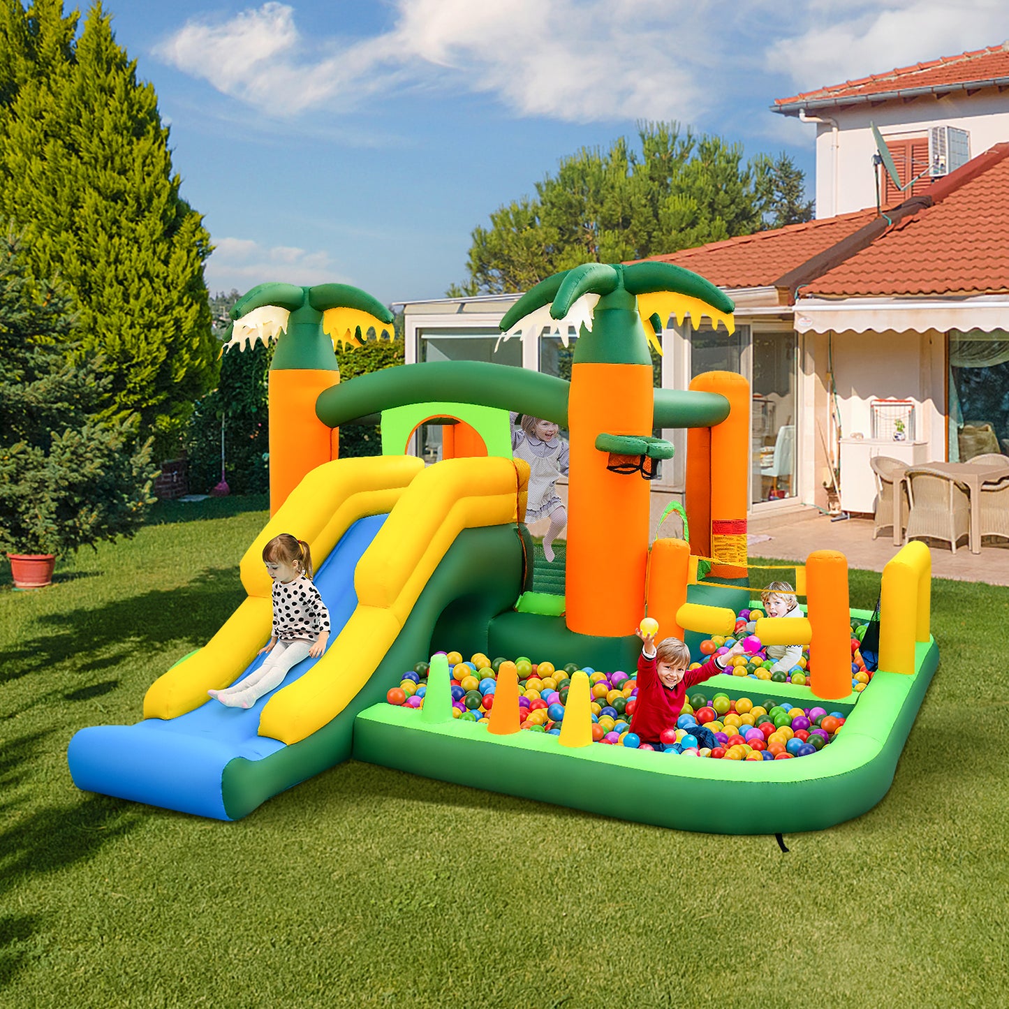 8-in-1 Tropical Inflatable Bouncy Castle with 2 Ball Pit Pools