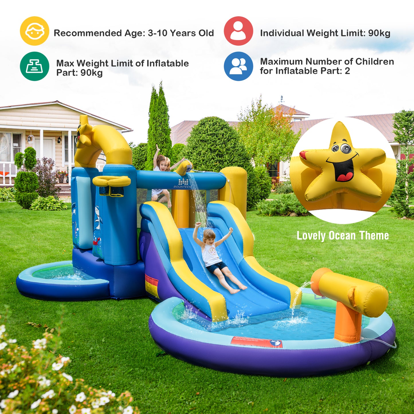 Inflatable Water Park with Slide, Water Gun and Splash Pool