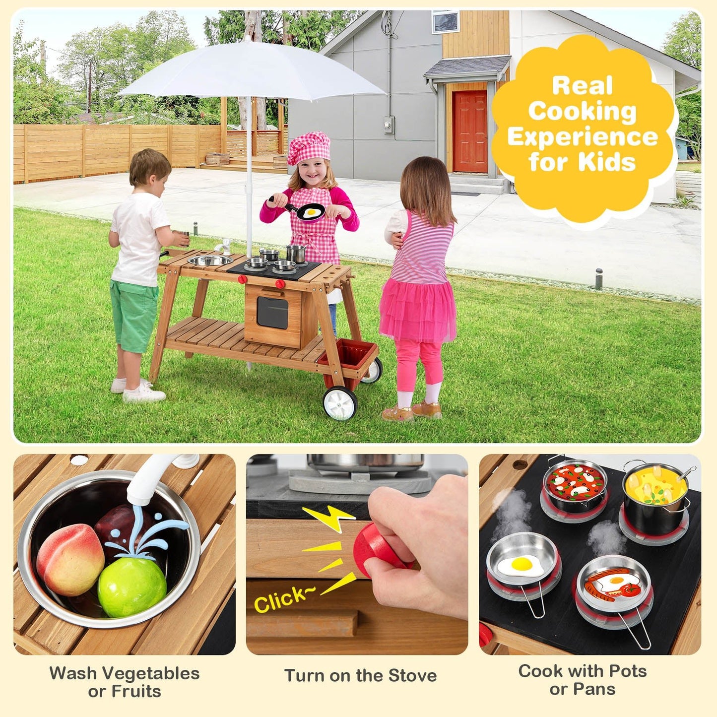 Wooden Kids Play Trolley with Umbrella and Storage Cabinet-White