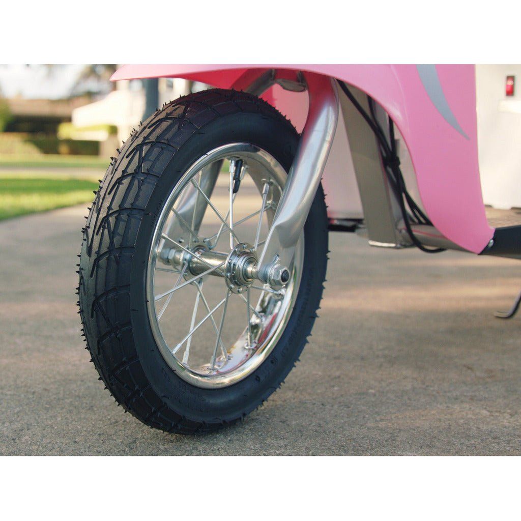Razor Bella Pocket Mod 24Volt Scooter- Pink front wheel close up