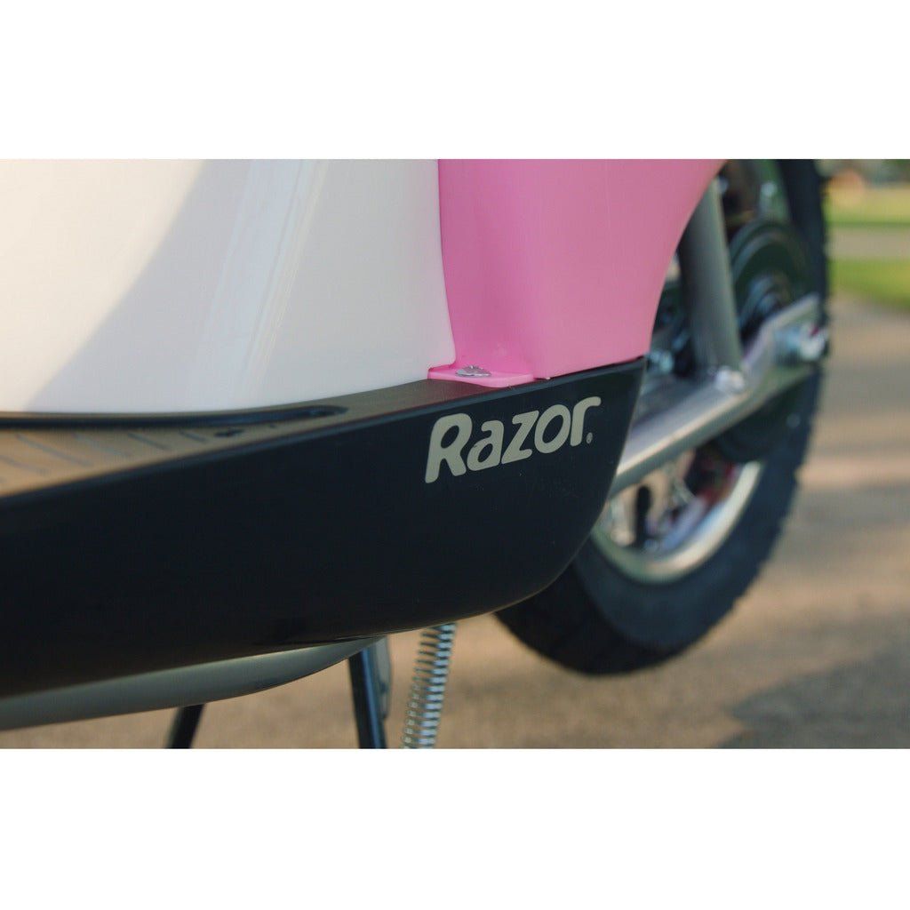 Razor Bella Pocket Mod 24Volt Scooter- Pink side razor logo close up