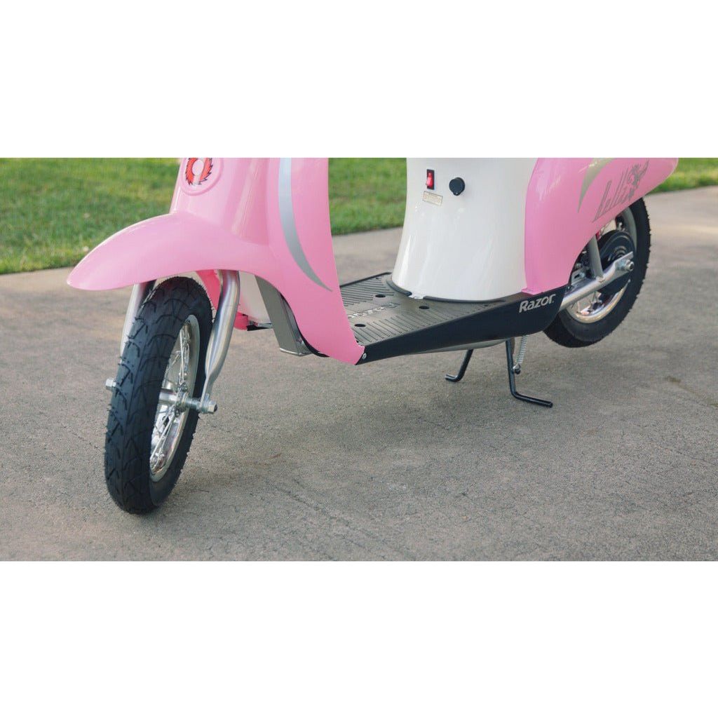 Razor Bella Pocket Mod 24Volt Scooter- Pink front wheel and stand close up
