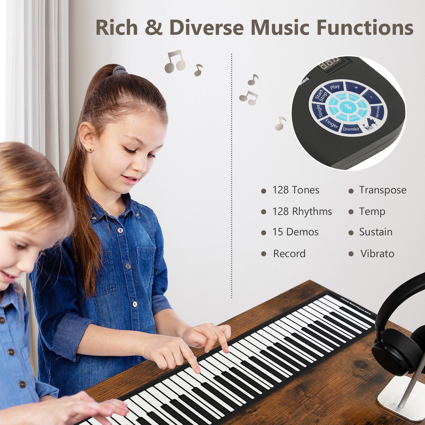 Portable 88-Key Roll Up Electronic Piano for Kids and Beginners-Black