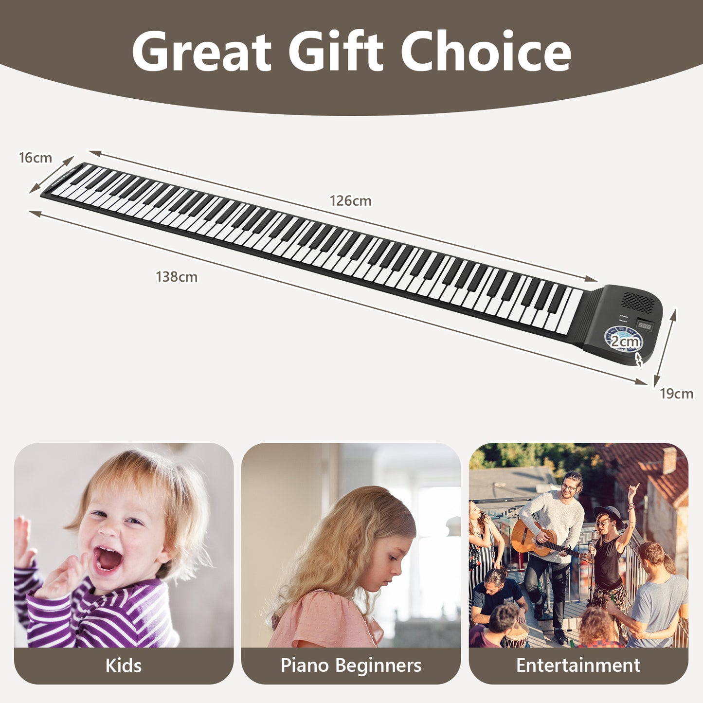 Portable 88-Key Roll Up Electronic Piano for Kids and Beginners-Black