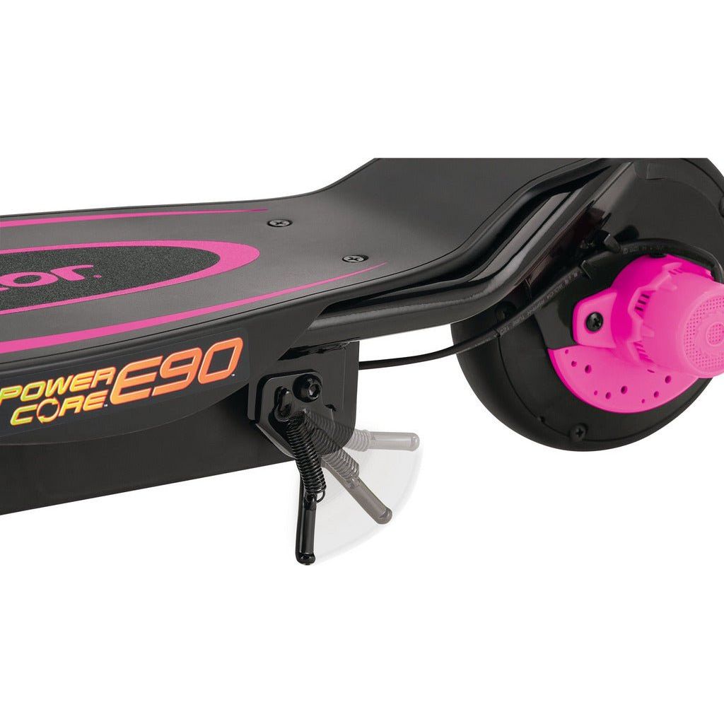 Razor Power Core E90 12 Volt Scooter - Pink kickstand close up