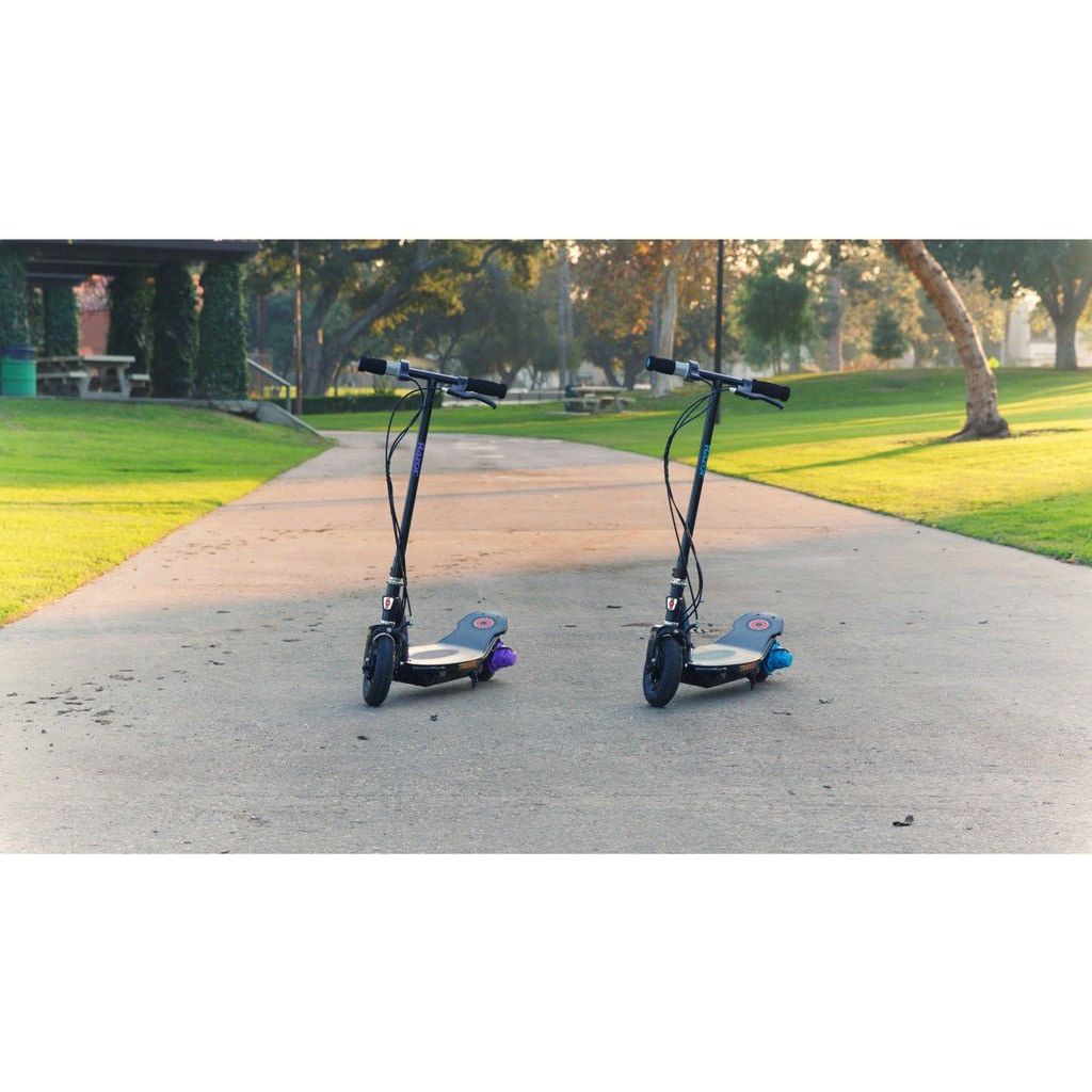 2 Razor Power Core E100 24 Volt Scooters side by side