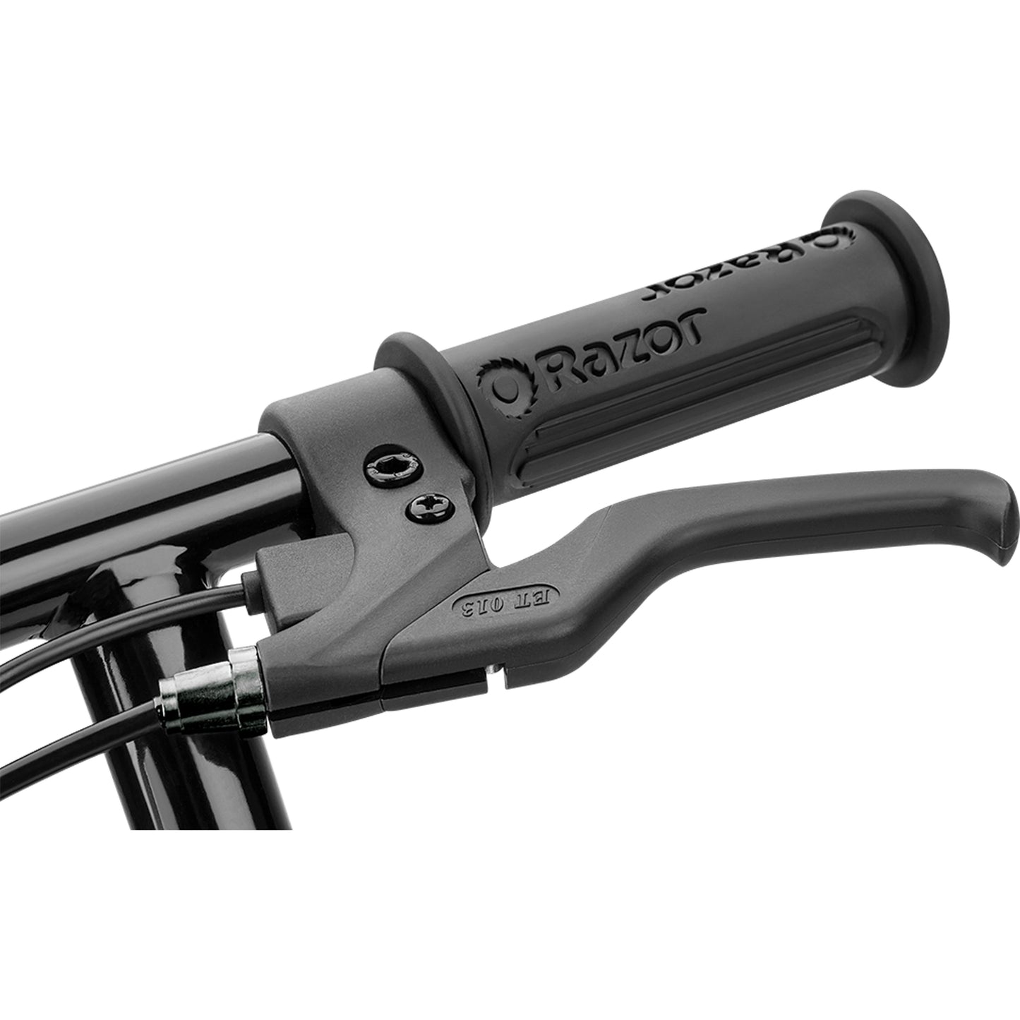 Razor Power Core E90 12 Volt Scooter - Black handlebar grip and brake close up