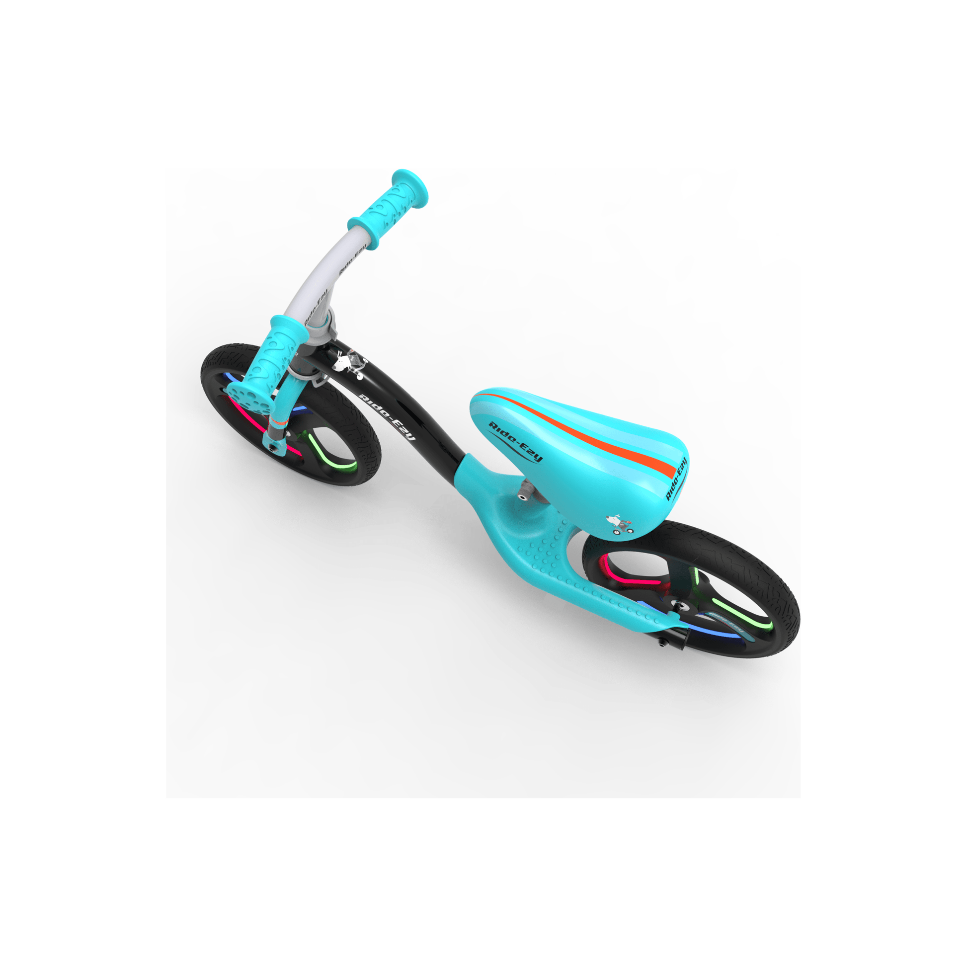 Ride-Ezy Go Glo Balance Bike - Black & Celeste Green saddle from above