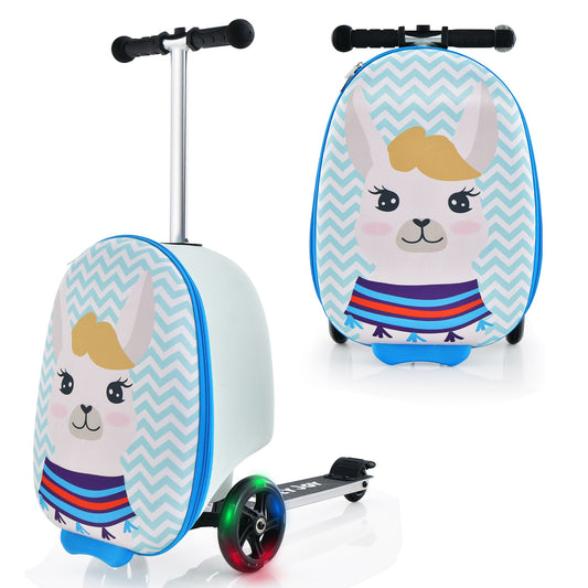 2-in-1 Folding Kids Scooter with Suitcase and 3 Color Lighted Wheels-Light Blue Llama