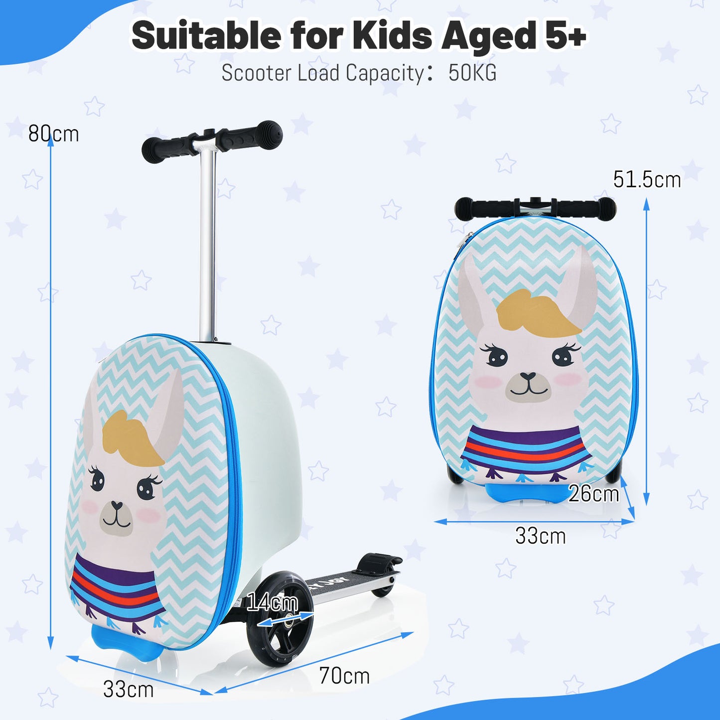 2-in-1 Folding Kids Scooter with Suitcase and 3 Color Lighted Wheels-Light Blue Llama
