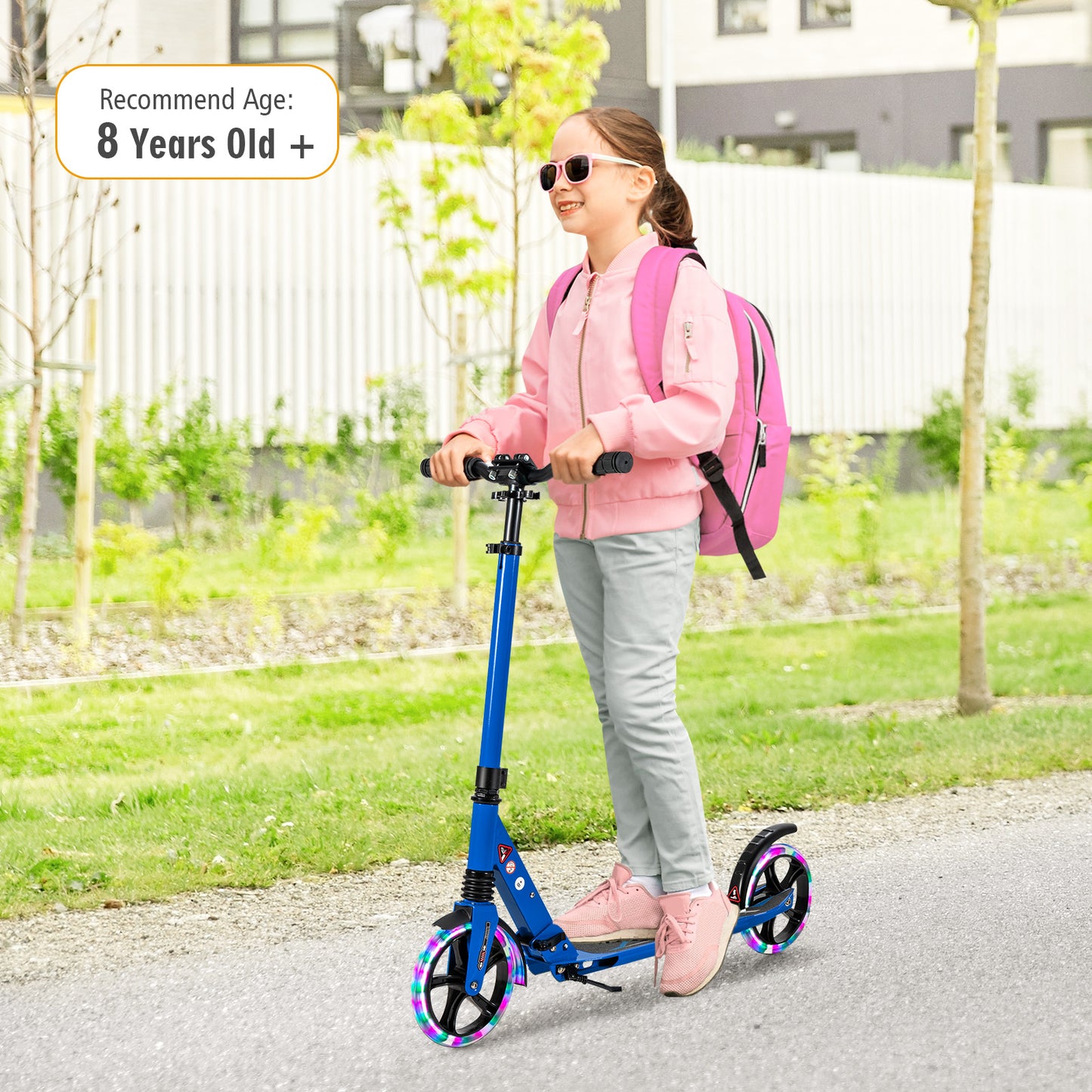 Folding Kick Scooter with Large Wheels for Age 8+ Kids Teens Adults-Blue