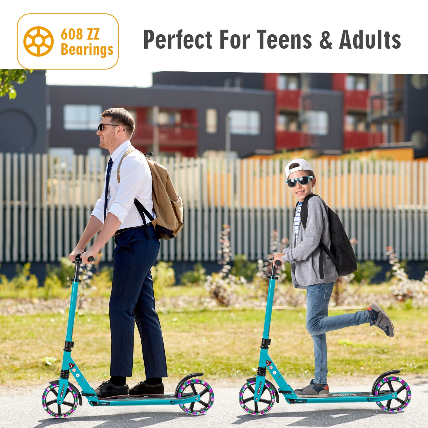 Folding Kick Scooter with Large Wheels for Age 8+ Kids Teens Adults-Turquoise