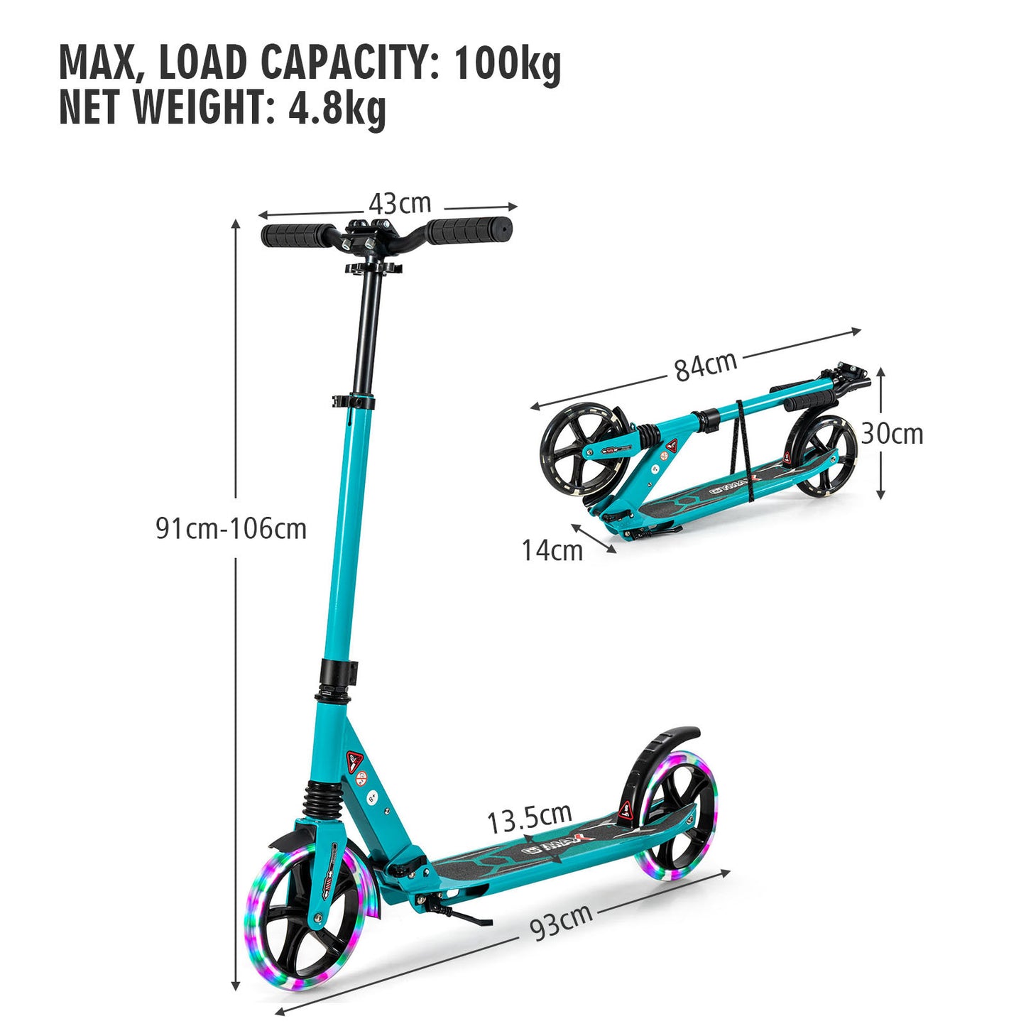 Folding Kick Scooter with Large Wheels for Age 8+ Kids Teens Adults-Turquoise