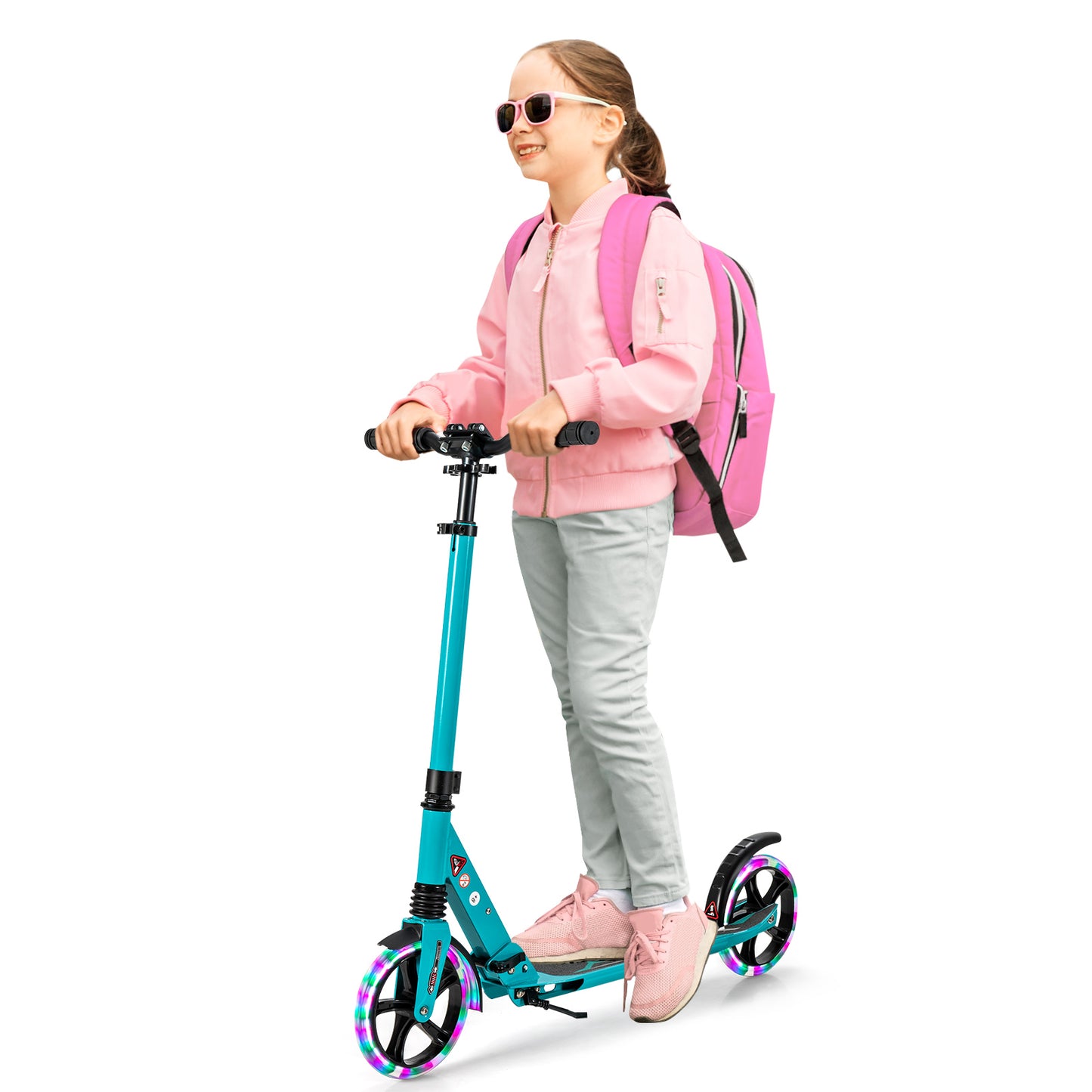 Folding Kick Scooter with Large Wheels for Age 8+ Kids Teens Adults-Turquoise