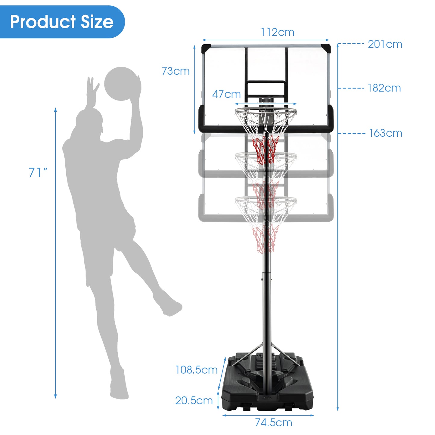 Portable Basketball Hoop with Metal Frame for Teenagers and Adults-Black