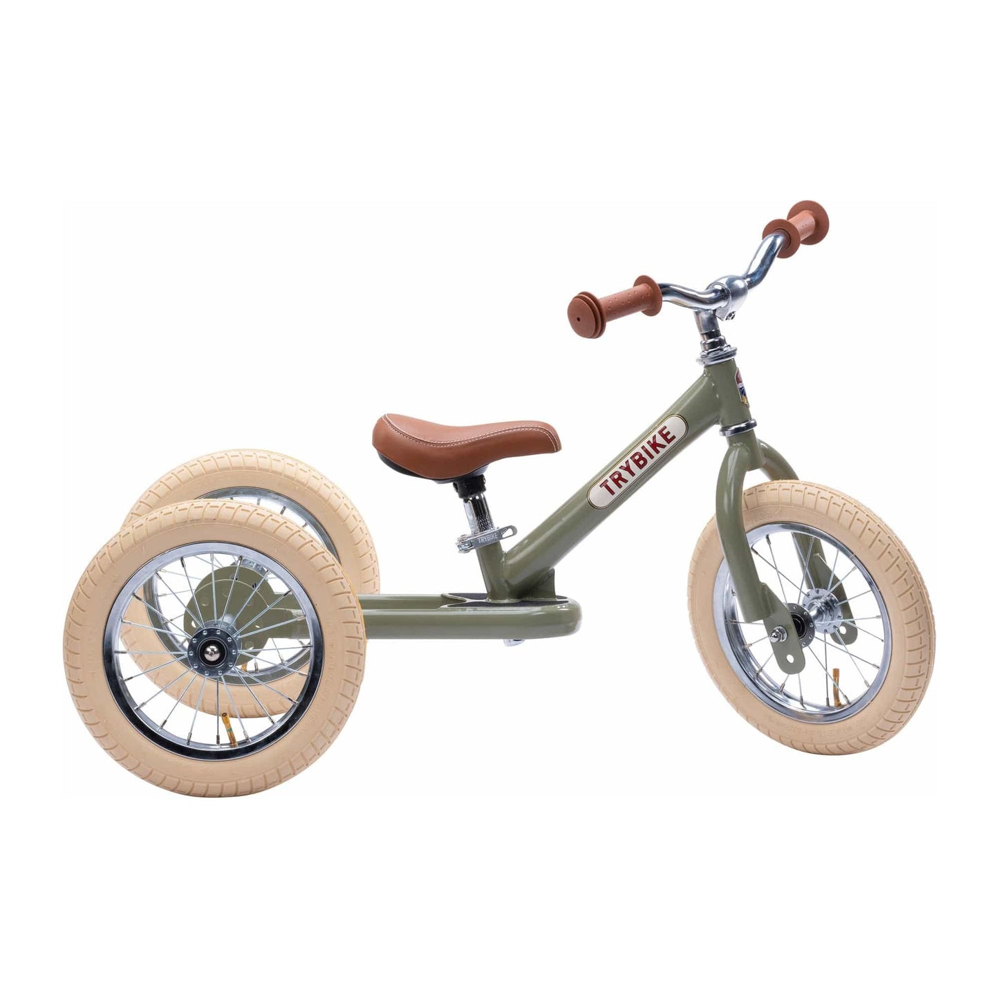 TryBike Bundle - Vintage Green 2-in-1 Trike/Bike, Helmet and Basket stage 1 side