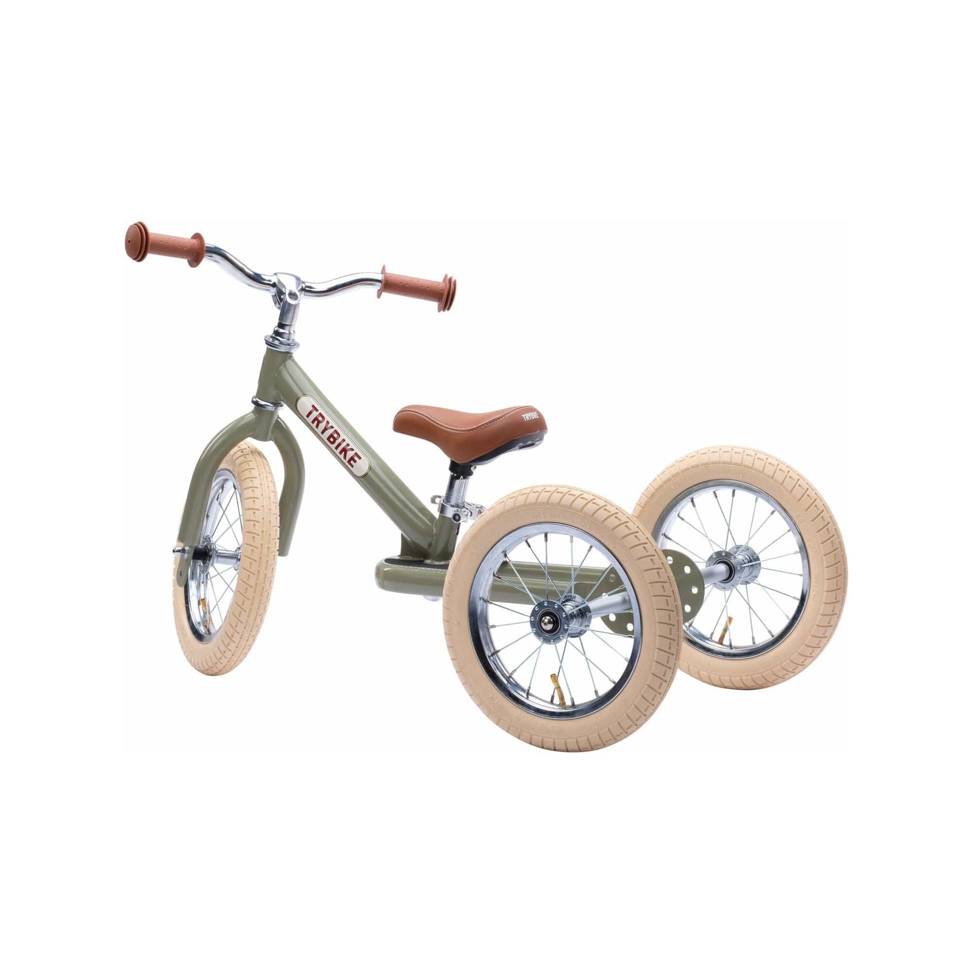 TryBike Bundle - Vintage Green 2-in-1 Trike/Bike, Helmet and Basket stage 1 side left