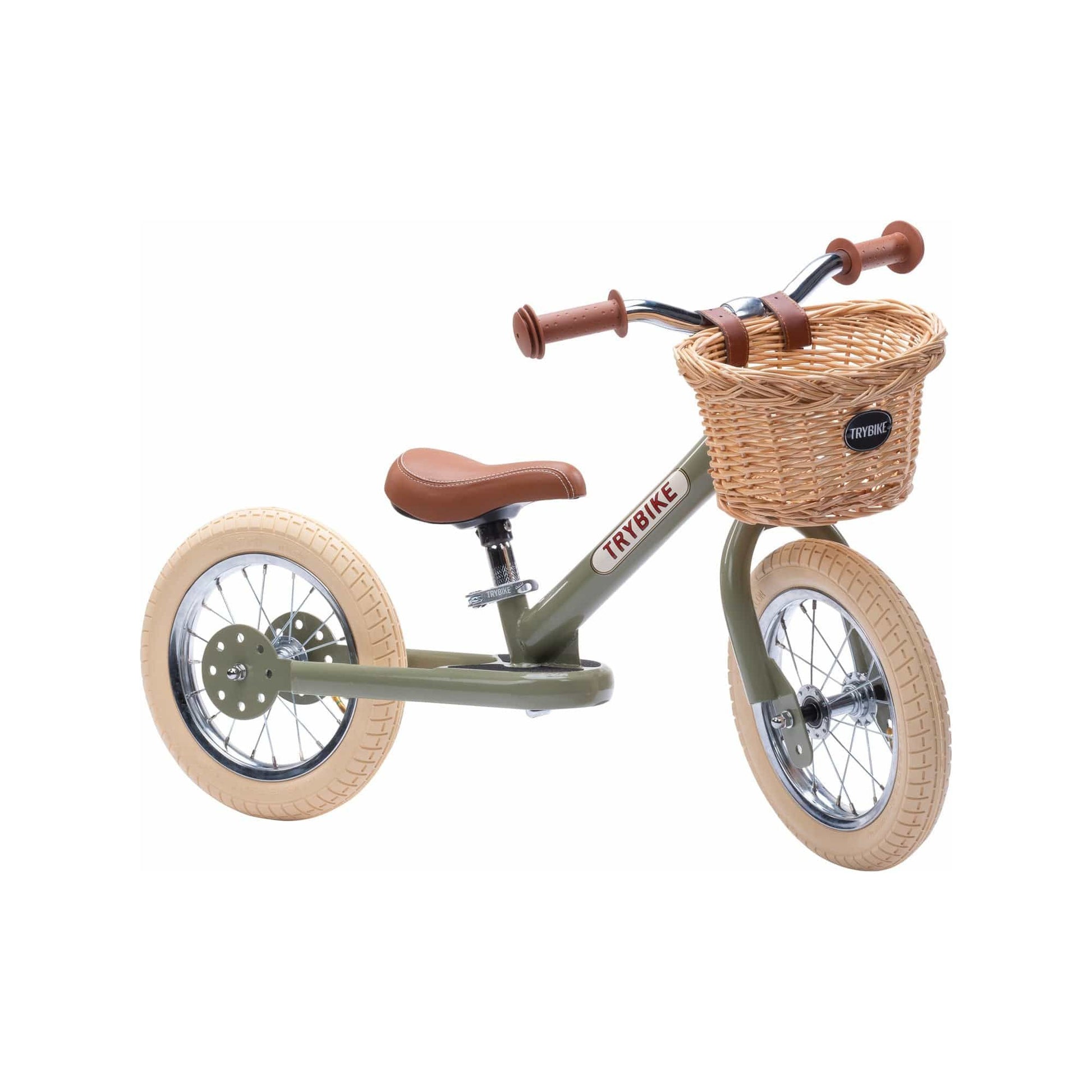 TryBike Bundle - Vintage Green 2-in-1 Trike/Bike, Helmet and Basket stage 2 front right