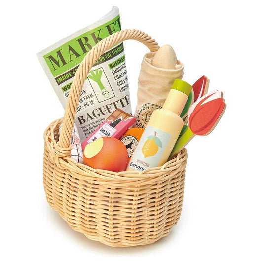 Tender Leaf Wicker Shopping Basket and Wooden Food