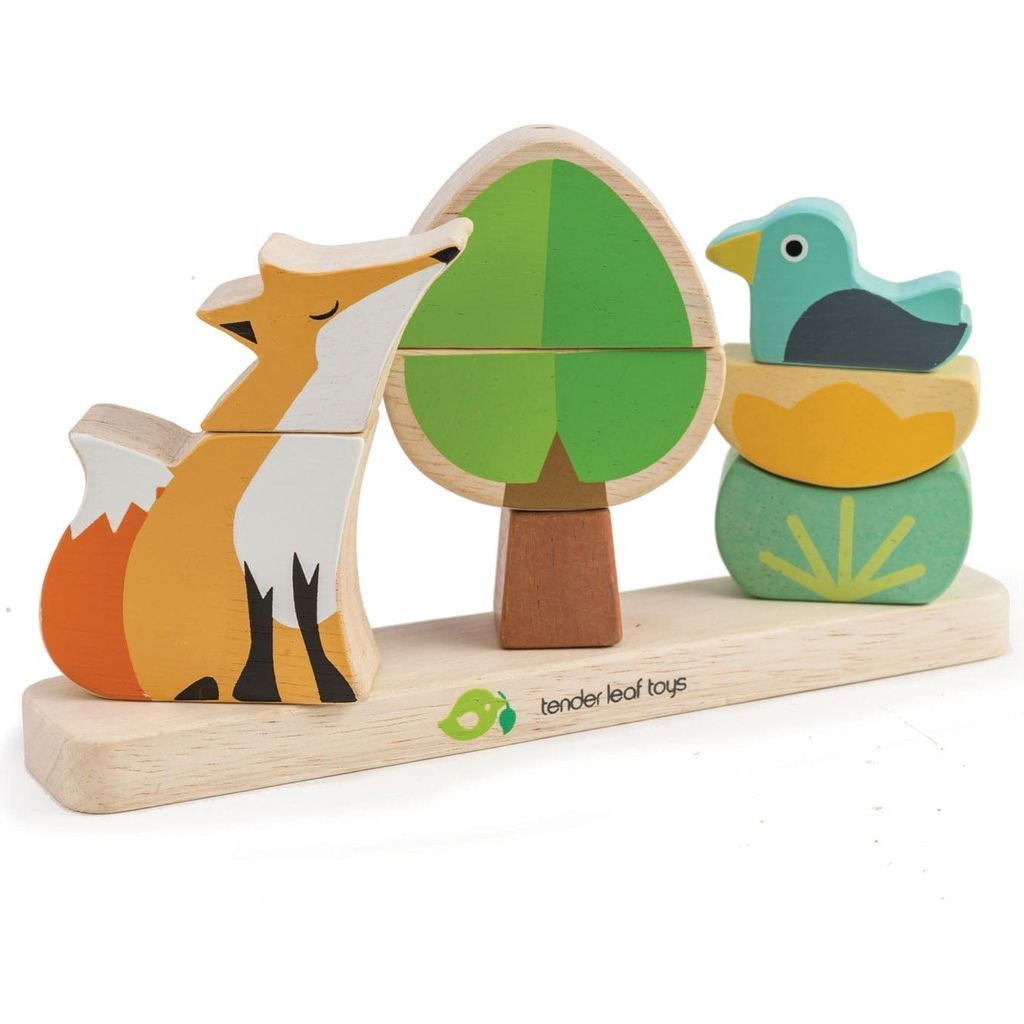close up of fox, tree and bird wooden toy from ThreadBear Fox Magnetic Stacker & Where's Baby Activity Book