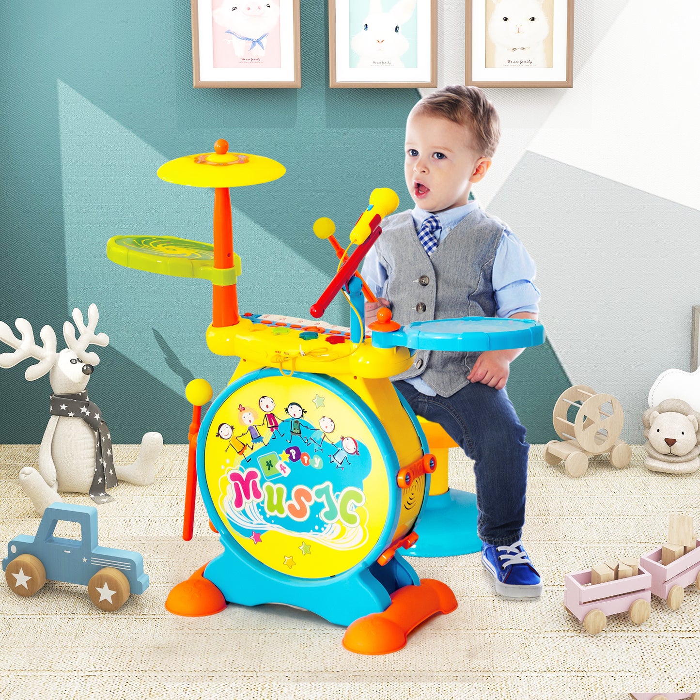 3-in-1 Kids Drum Set with 8 Keys Keyboard and LED Lights-Blue