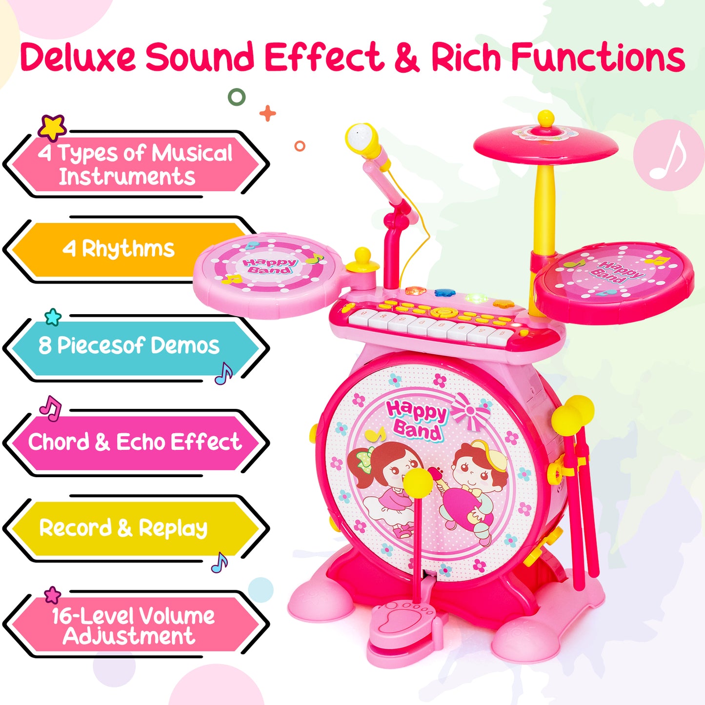 3-in-1 Kids Drum Set with 8 Keys Keyboard and LED Lights-Pink