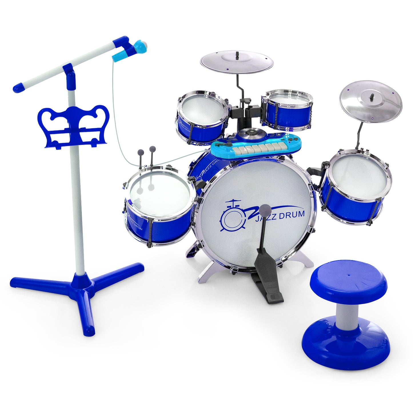 Kids Drum Kit with 8-Keys Keyboard, Microphone and 2 Drumsticks-Blue