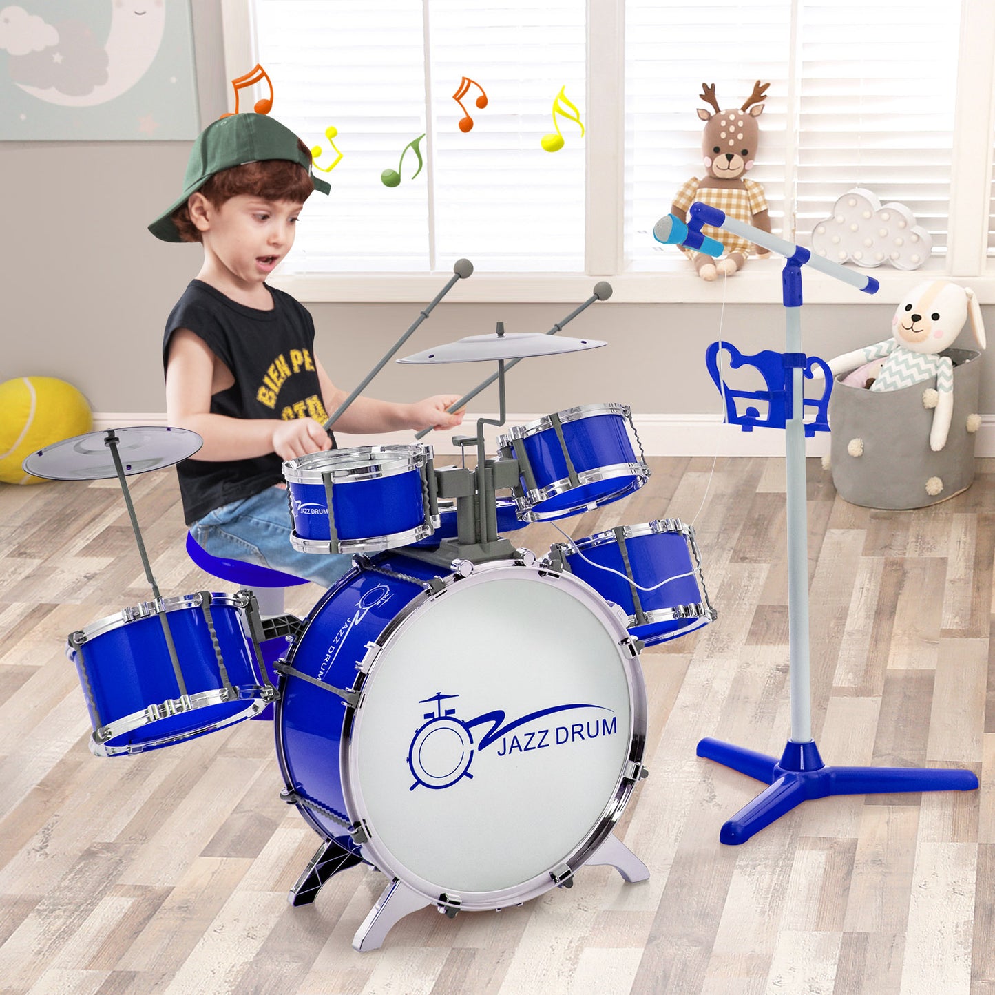 Kids Drum Kit with 8-Keys Keyboard, Microphone and 2 Drumsticks-Blue