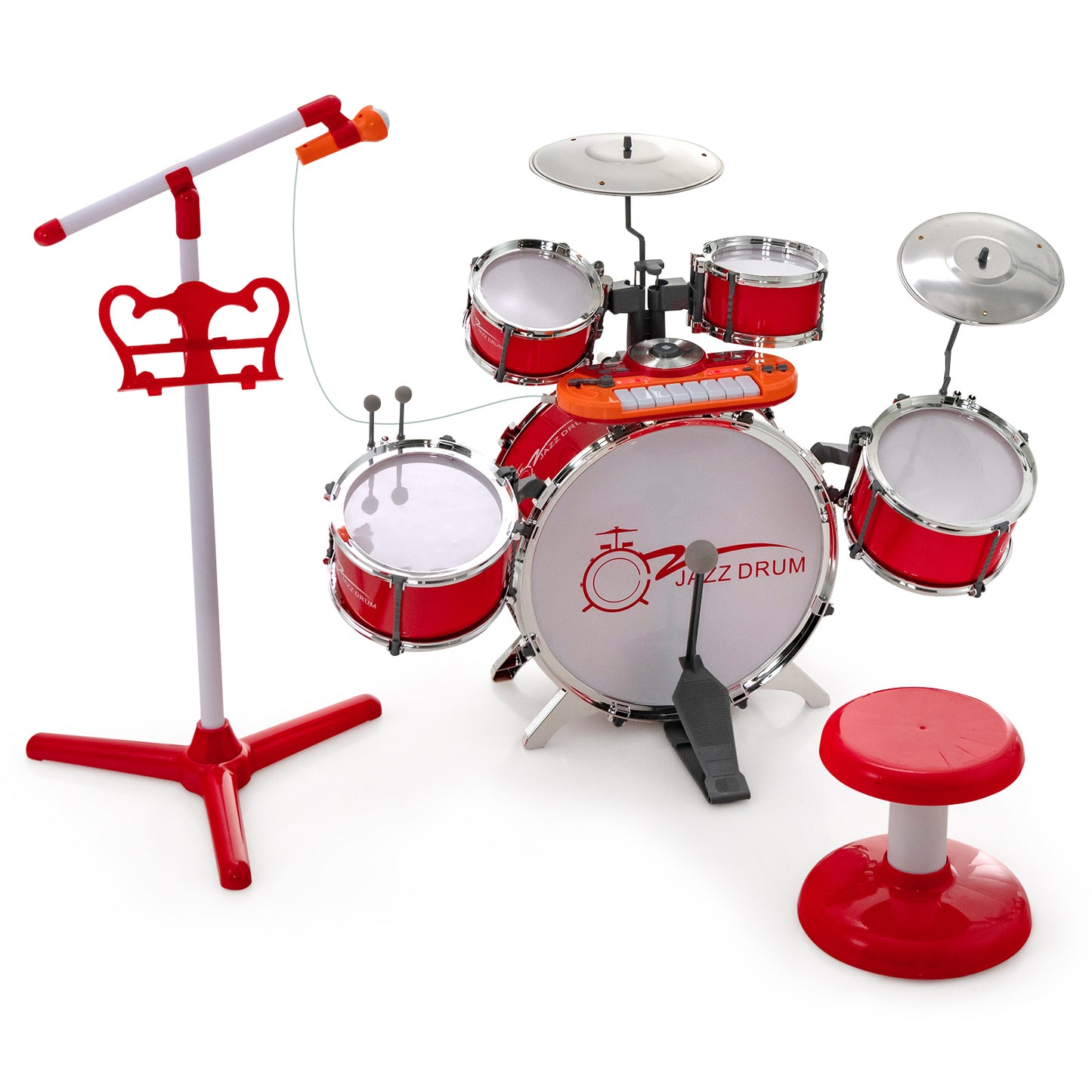 Kids Drum Kit with 8-Keys Keyboard, Microphone and 2 Drumsticks-Red