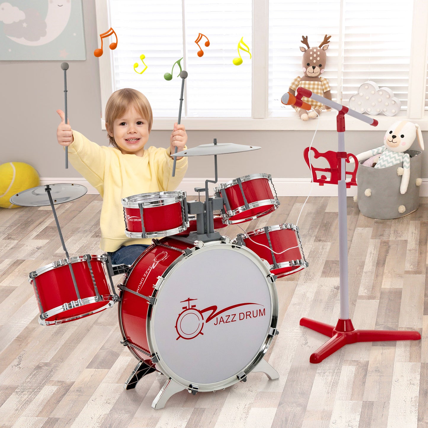 Kids Drum Kit with 8-Keys Keyboard, Microphone and 2 Drumsticks-Red