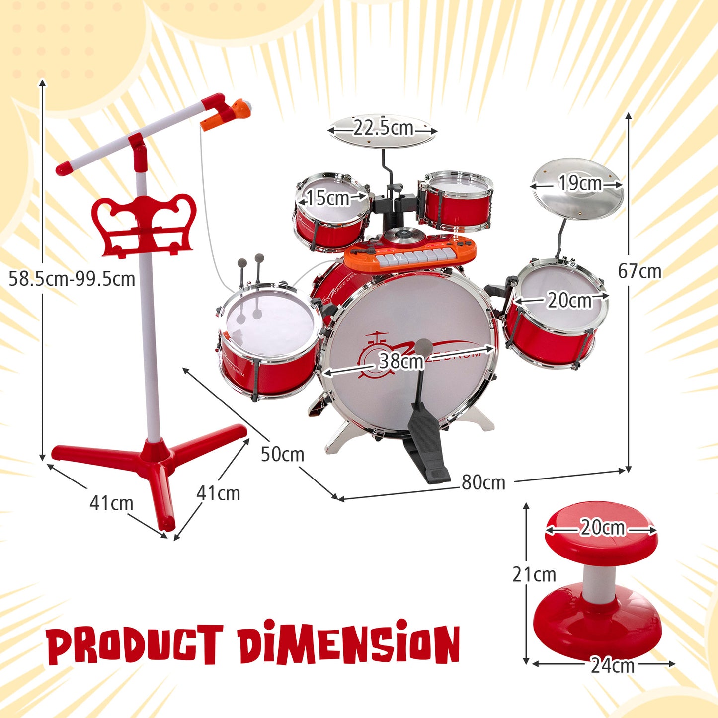 Kids Drum Kit with 8-Keys Keyboard, Microphone and 2 Drumsticks-Red