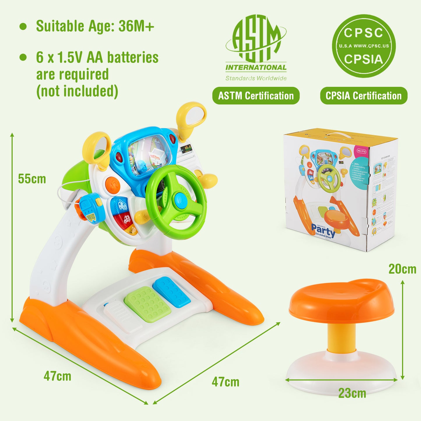 Kids Steering Wheel Toy and Stool with Cyclic Rotary Scene