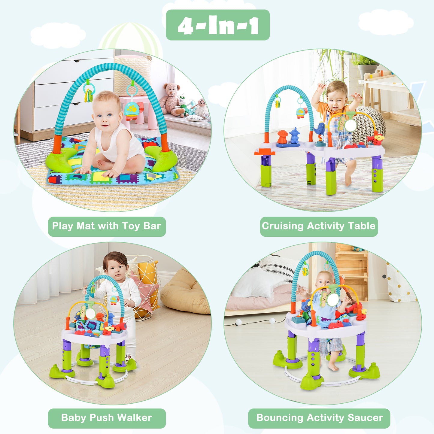 4-in-1 Baby Bouncer Activity Center with 3 Adjustable Heights-Green