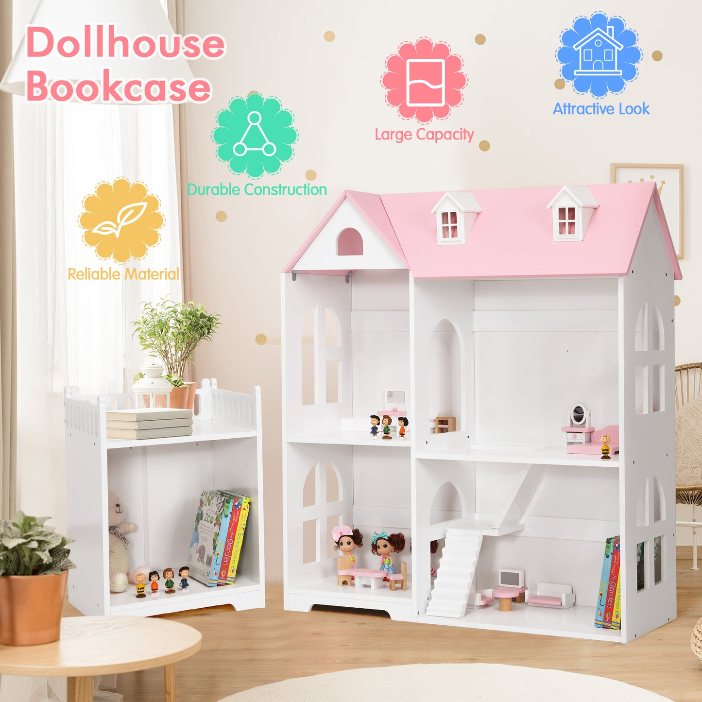 Large Wooden Dolls House with Furniture and Accessories-Pink