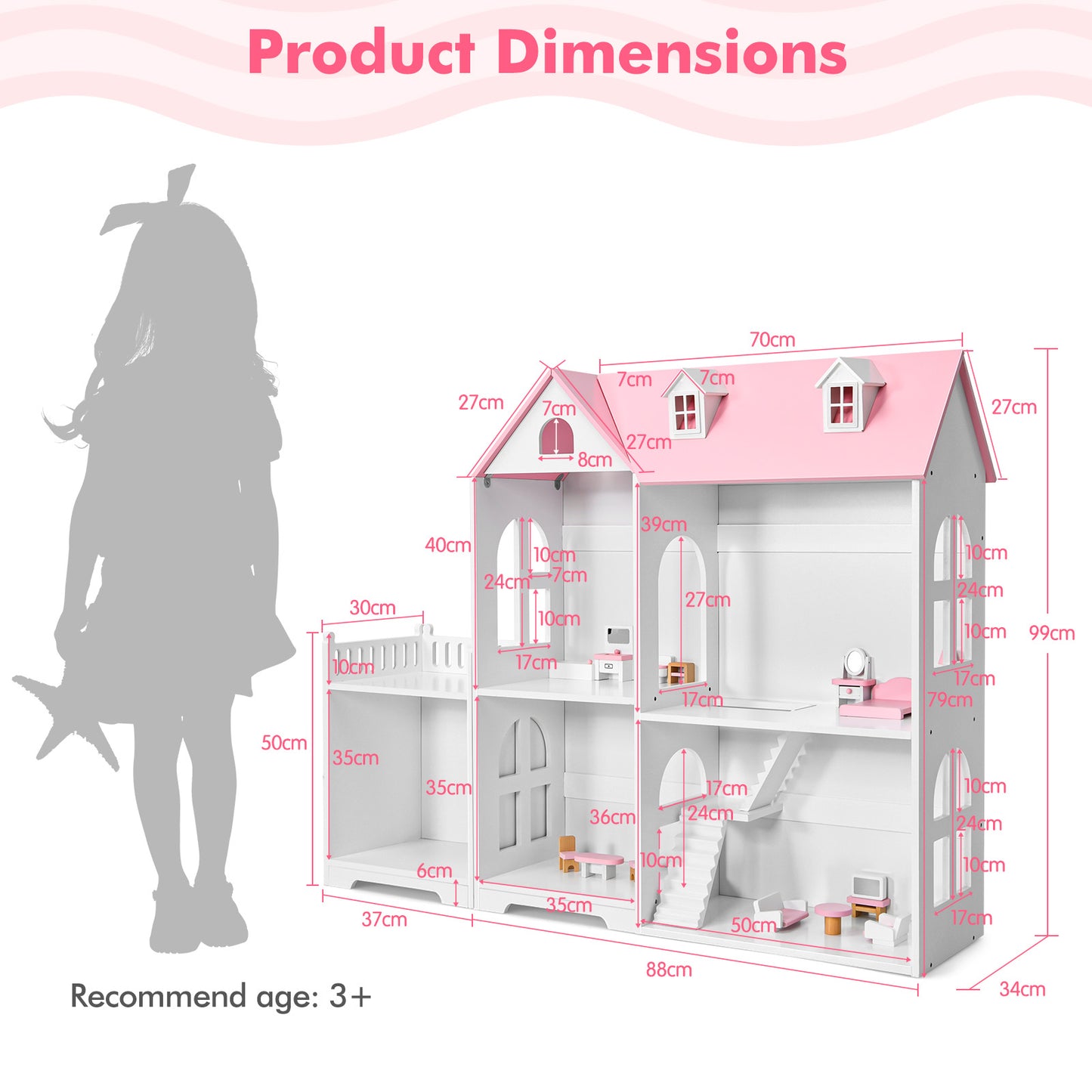 Large Wooden Dolls House with Furniture and Accessories-Pink