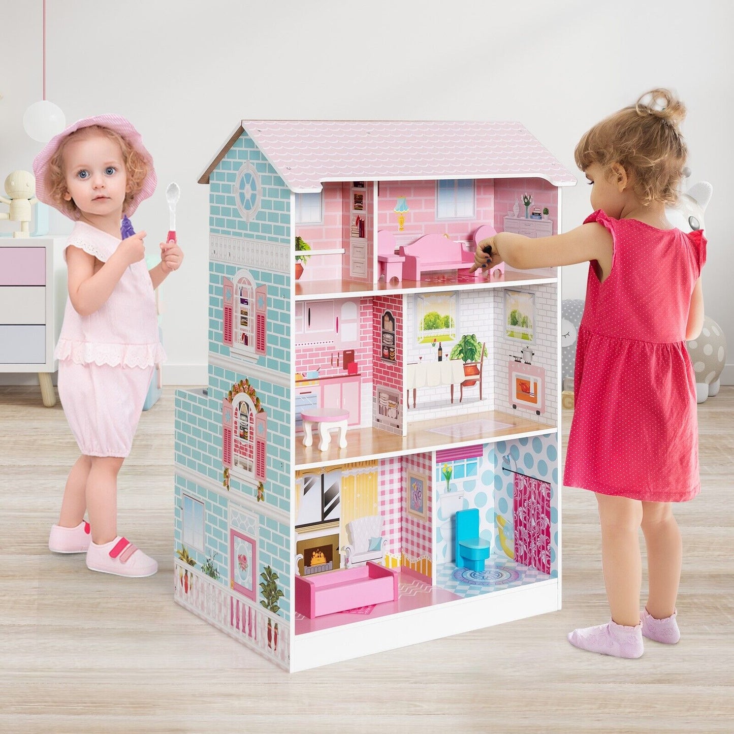 2 in 1 Kids Toy Kitchen and Dollhouse for 3+ Years Old Children