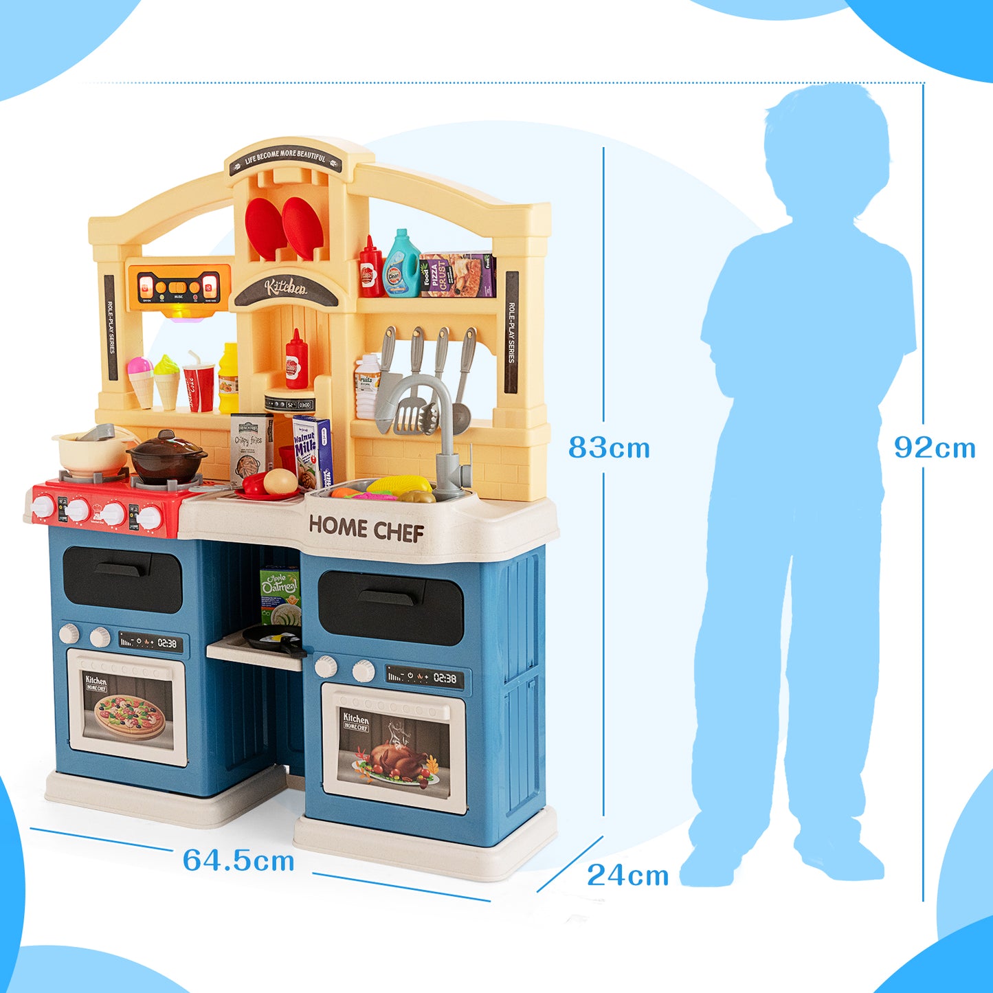 69 Pieces Kids Kitchen Playset Toy with Boiling and Vapor Effects-Blue