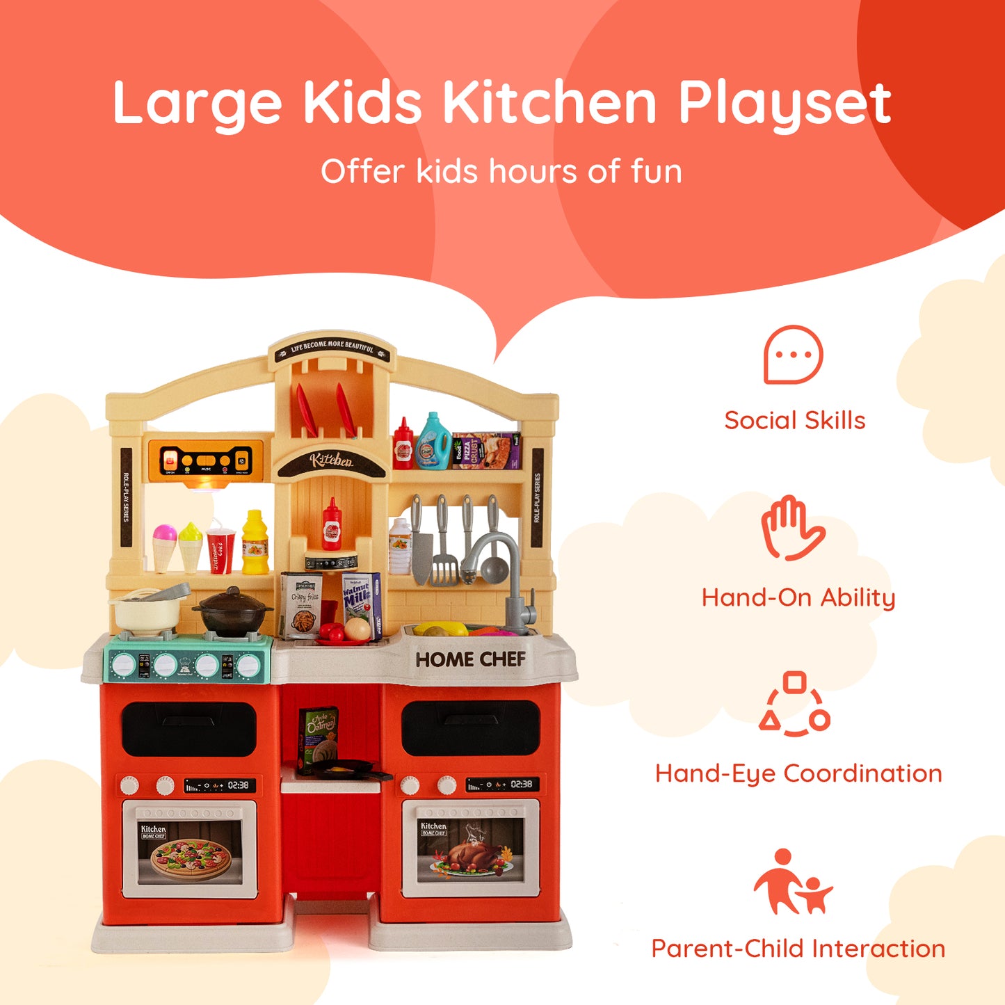 69 Pieces Kids Kitchen Playset Toy with Boiling and Vapor Effects-Orange