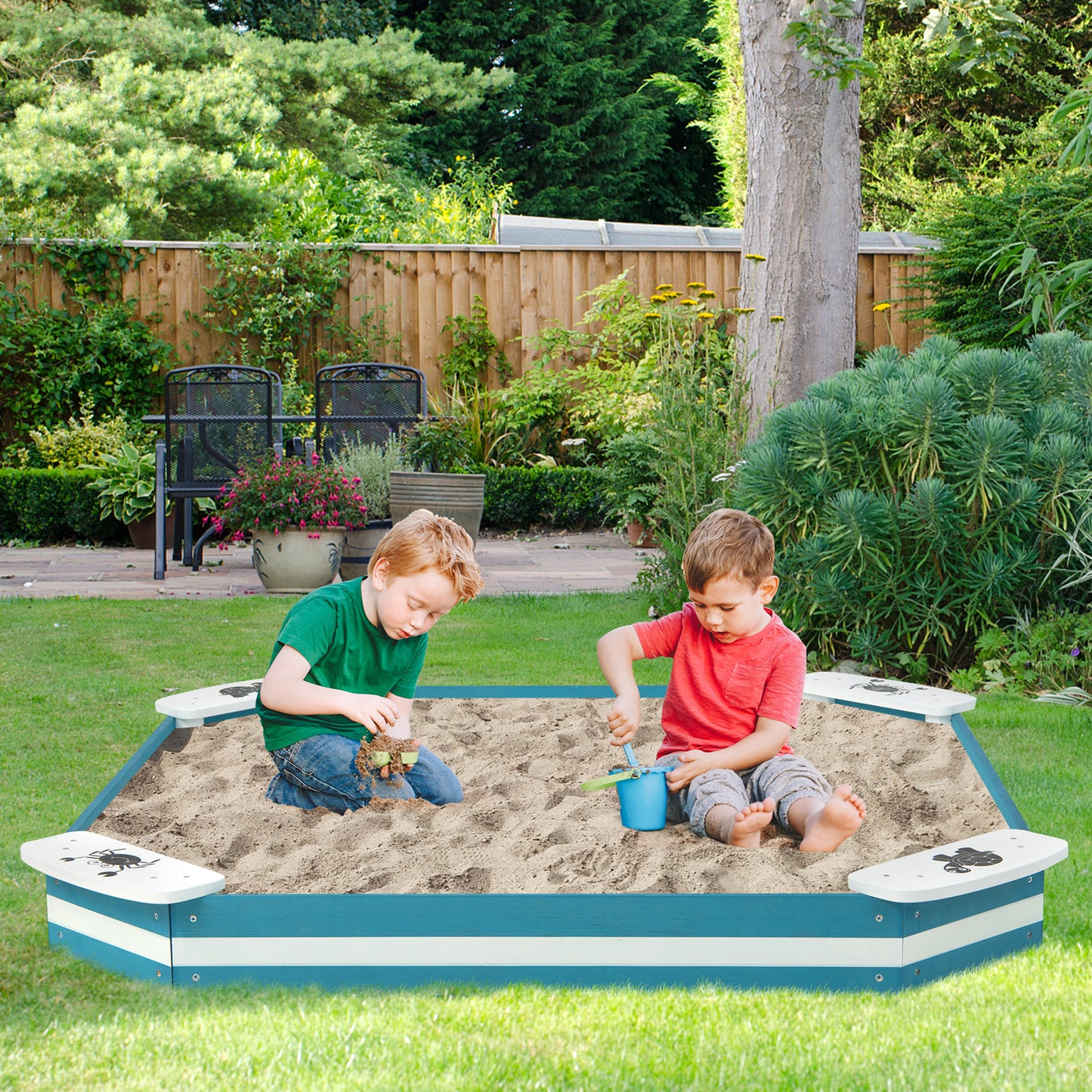 Kids Wooden Sandbox with 4 Built-in Seats for Backyard Sand Play