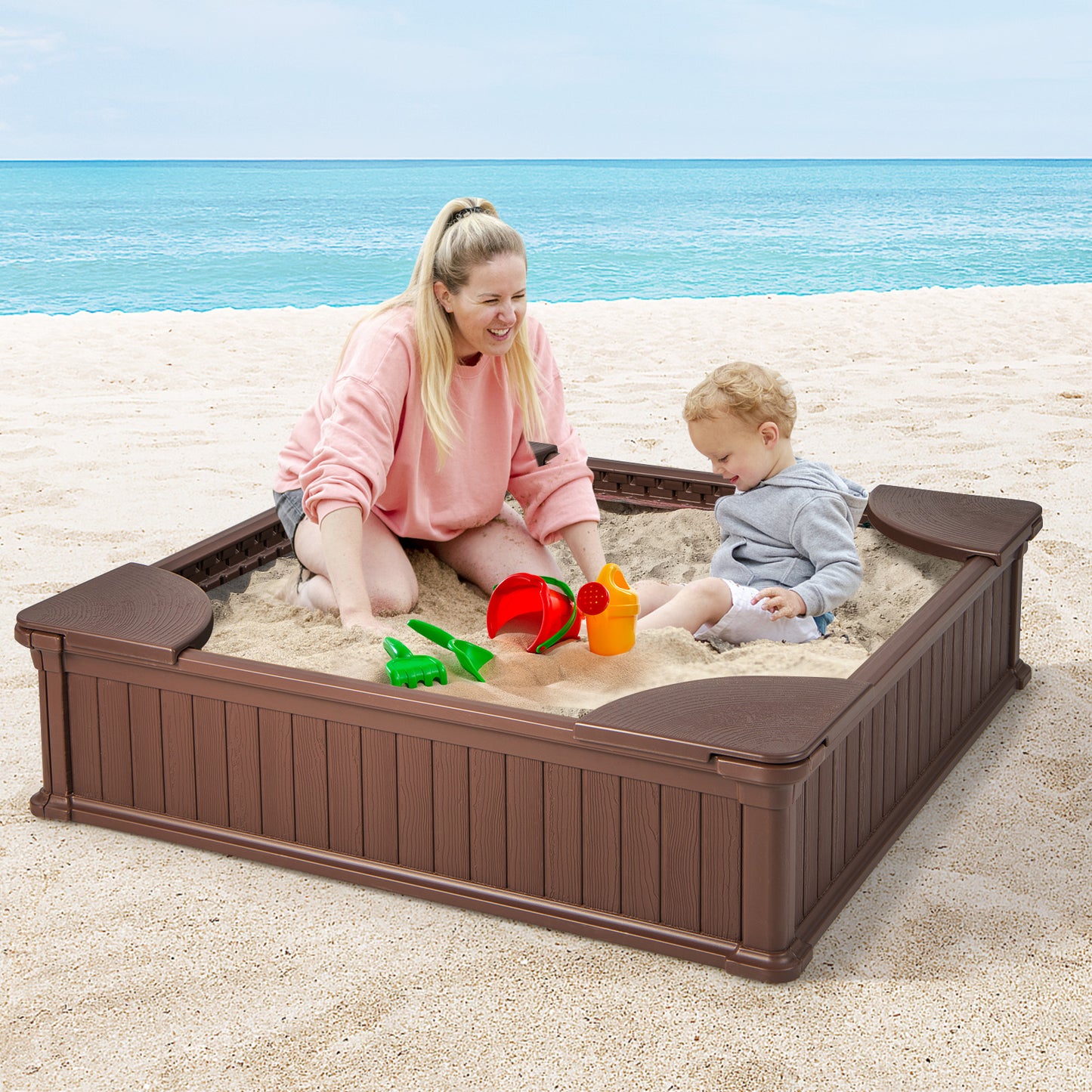 Kids Sandbox with Cover 4 Corner Seats-Brown