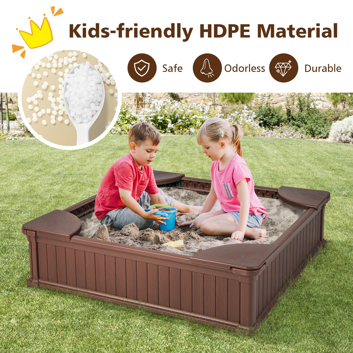 Kids Sandbox with Cover 4 Corner Seats-Brown